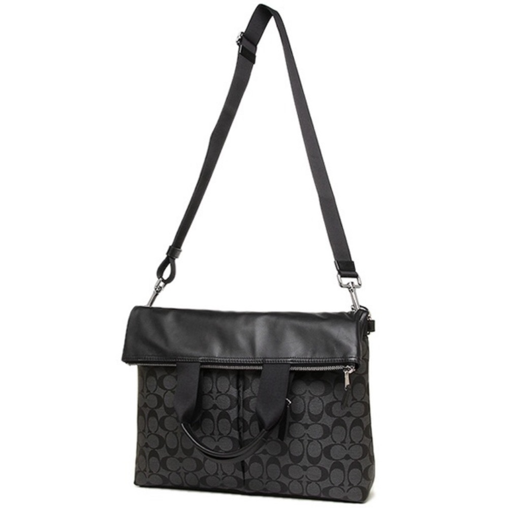 Mens Coach Charles Foldover Tote Black Leather Messenger Tote New - Picture 4 of 10
